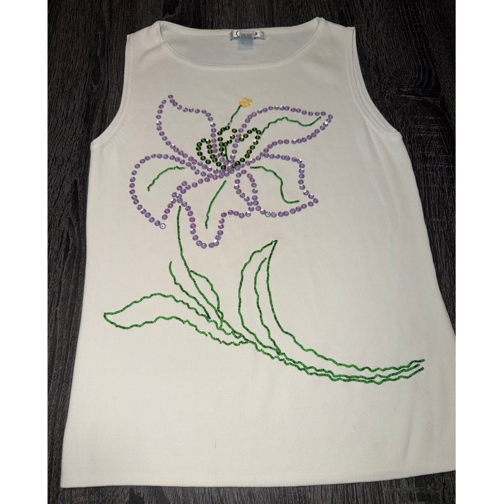 Carducci Ivory Tank Top Beaded Floral Design‎ Sleeveless Women's Size M